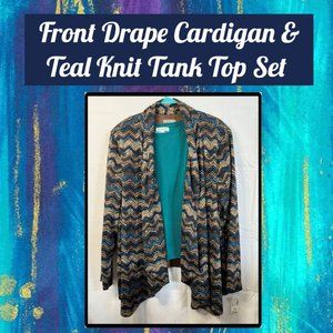 Front Drape Cardigan & Teal Knit Tank Top Set